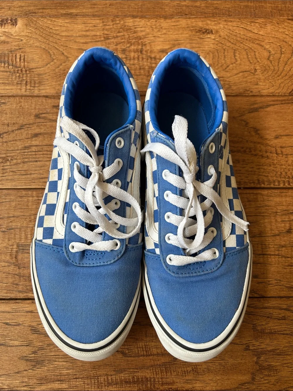Vans Old Skool Checkerboard Skate Shoes Sneakers True Blue White Youth Size 4.5